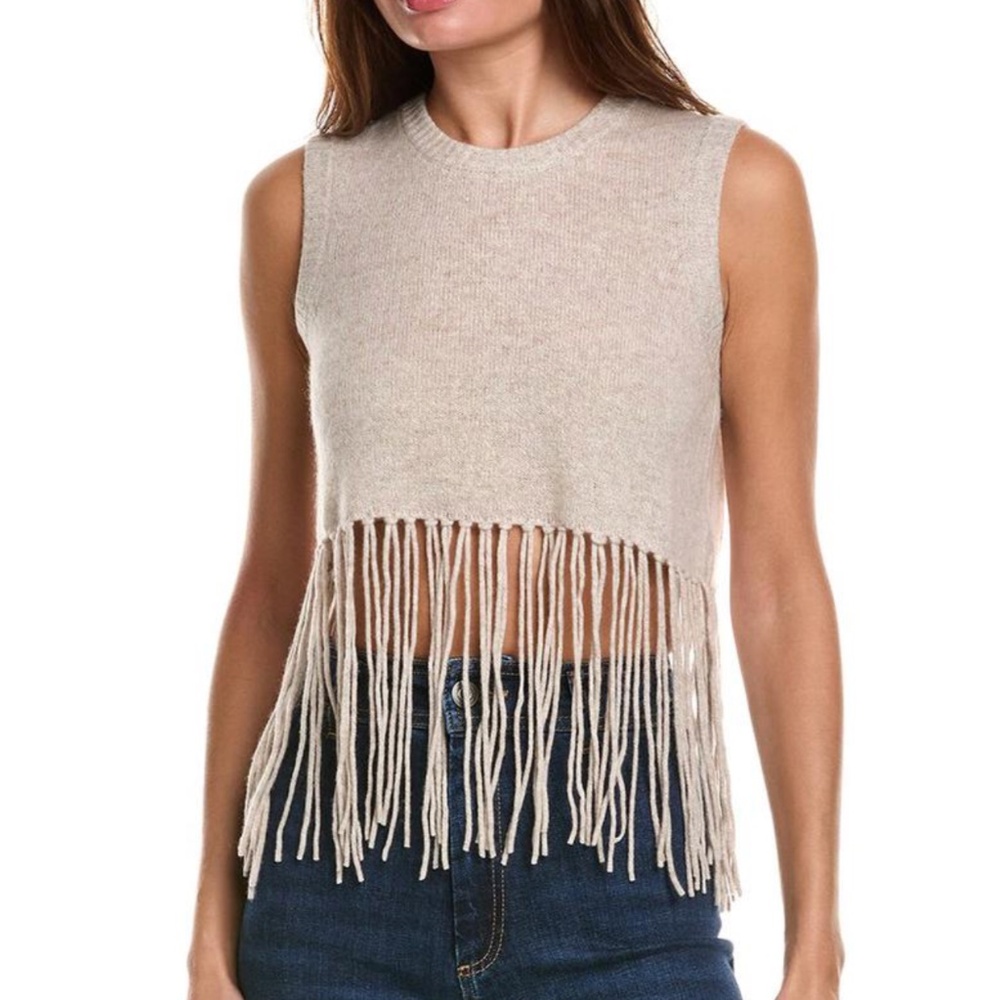 Minnie Rose 100% Cashmere Fringe Cropped Sweater NWT